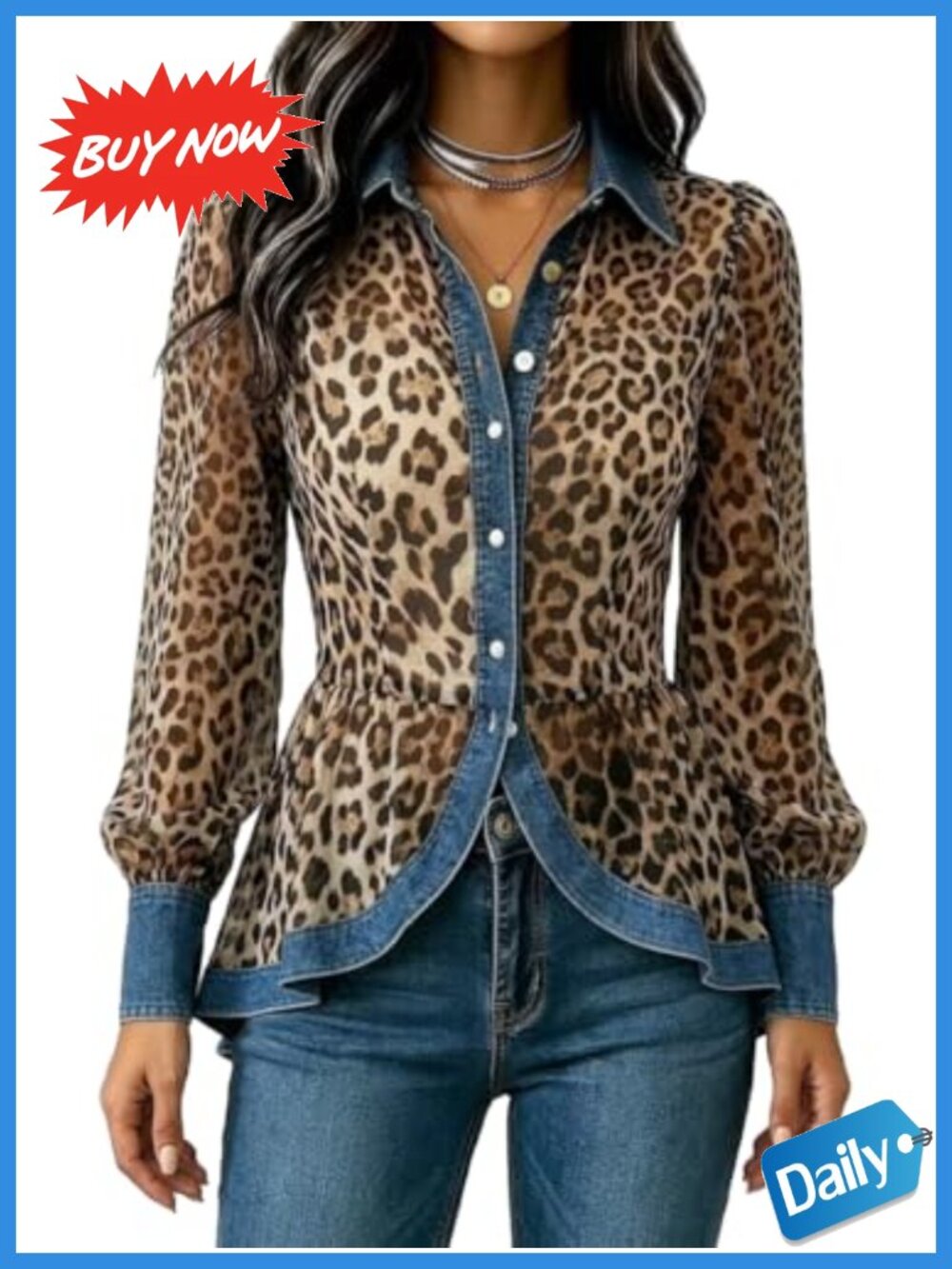 Leopard Print Denim Trim Button Down Shirt Long Sleeve Ruched Waist